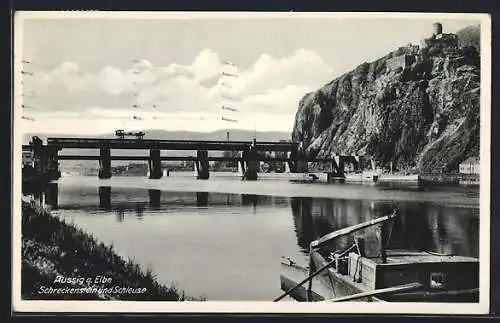 AK Aussig a. Elbe, Burg Schreckenstein und Schleuse