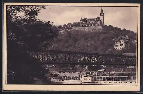 AK Aussig-Usti, Ferdinandshöhe, Schiff Riesa passsiert die Elbebrücke