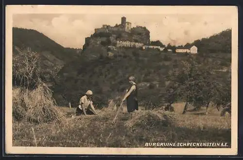 AK Schreckenstein a. E., Bäuerinnen mit Blick auf die Burg