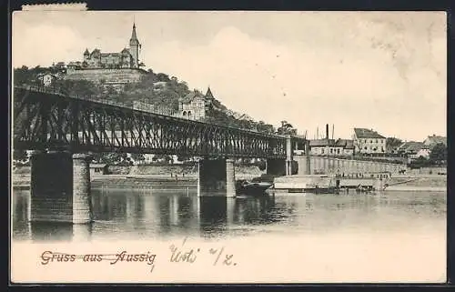 AK Aussig, Partie an der Flussbrücke