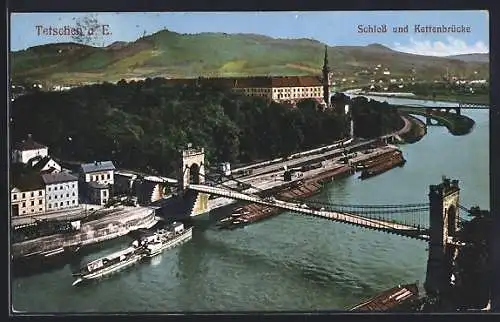 AK Tetschen / Decin, Blick auf Schloss mit Kettenbrücke