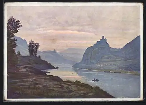 Künstler-AK Schreckenstein b. Aussig, Panoramablick mit der Burg