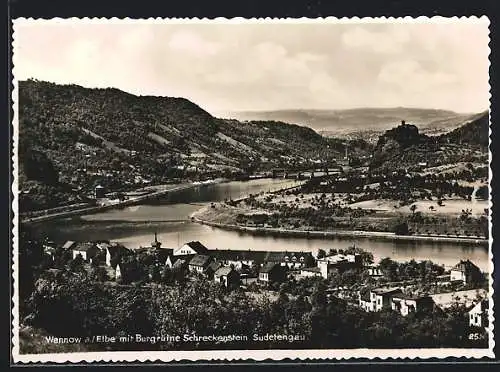 AK Wannow a. Elbe, Panoramablick mit Burg Schreckenstein