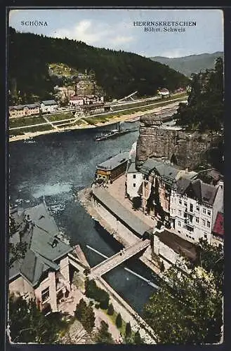 AK Herrnskretschen /Böhm. Schweiz, Ortsansicht am Fluss