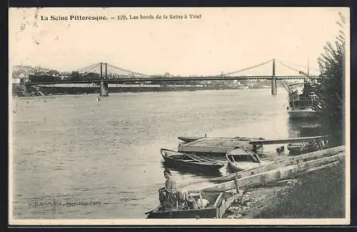 AK Triel, La Seine Pittoresque, Nr. 120, Les bords de la Seine, Blick über den Fluss zur Brücke, Ruderboote