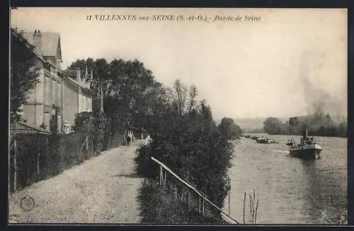 AK Villennes-sur-Seine, Bords de Seine, Kähne auf dem Fluss am Uferweg