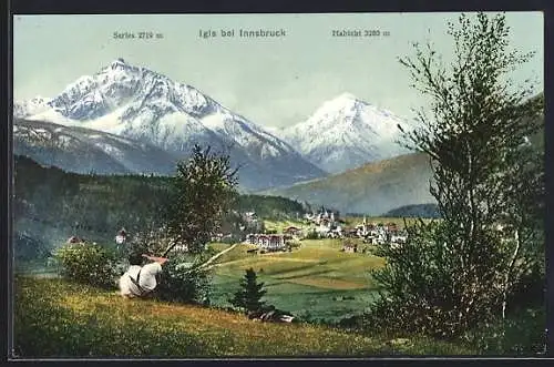 AK Igls b. Innsbruck, Ortsansicht mit Serles und Habicht