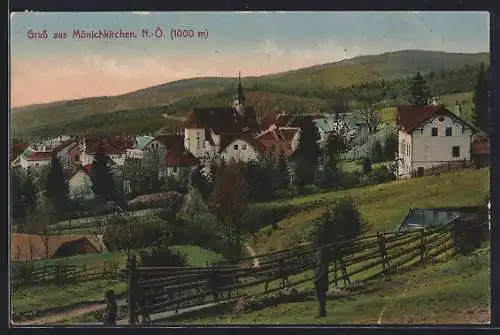 AK Mönichkirchen, Ortsansicht mit Kirche und Bergpanorama