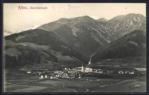 AK Aflenz, Blick auf den Ort und die Alpen