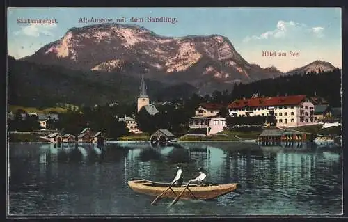 AK Alt-Aussee, Teilansicht mit Fluss und Ruderboot, Hotel am See, Gebirge Sandling