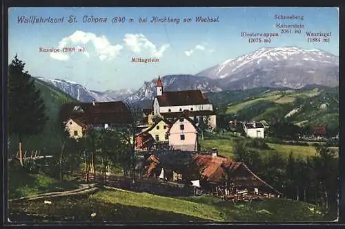 AK St. Corona am Wechsel, Ortsansicht mit Rax, Mittagstein und Schneeberg