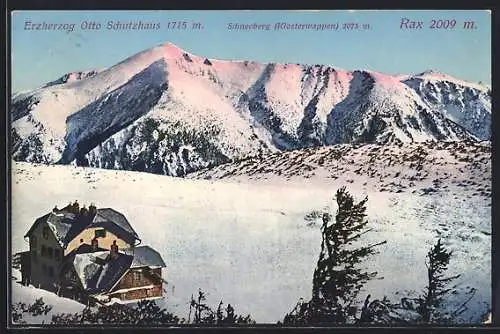 AK Rax, Erzherzog Otto Schutzhaus mit Schneeberg (Klosterwappen)