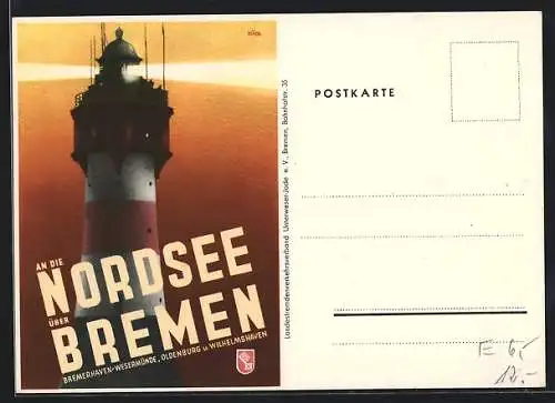 AK Bremen, Tourismus-Werbung An die Nordsee über Bremen, Leuchtturm