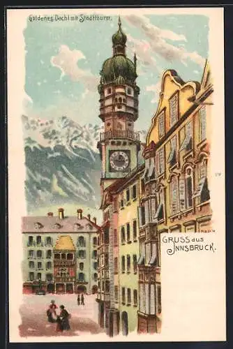 Lithographie Innsbruck, Goldenes Dachl mit Stadtthurm