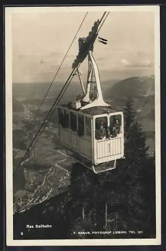 AK Rax, Seilbahn, Gondel mit Gästen hoch über dem Tal