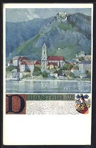 Künstler-AK Dürnstein, Ortsansicht mit Kirche und Burg