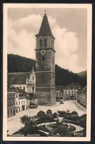 AK Judenburg, Stadtturm am Hauptplatz mit Brunnen