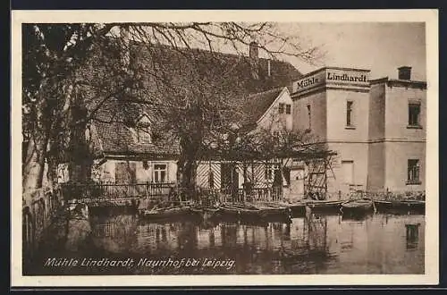 AK Naunhof / Leipzig, Mühle Lindhardt mit Booten