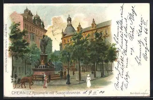 Lithographie Chemnitz, Holzmarkt mit Saxoniabrunnen