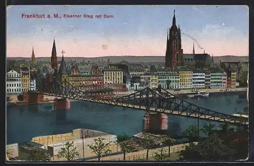 Glitzer-Perl-AK Alt-Frankfurt, Neuer Eiserner Steg mit Dom