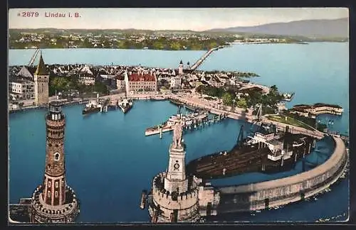 AK Lindau i. B., Hafeneinfahrt mit Leuchtturm