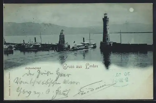 Mondschein-AK Lindau / Bodensee, Hafeneinfahrt mit Leuchtturm und Dampfer