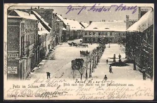 AK Peitz, Blick nach dem Markt von der Bahnhofstrasse aus im Schnee