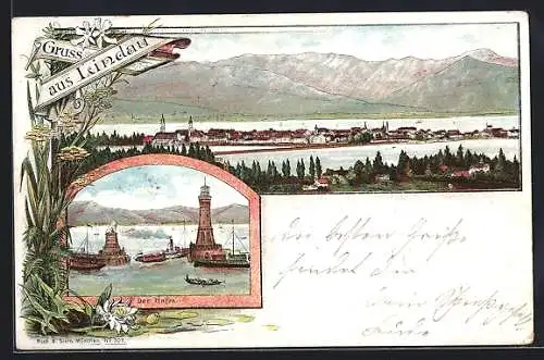 Lithographie Lindau / Bodensee, Blick über die Stadt, Leuchtturm an der Hafeneinfahrt