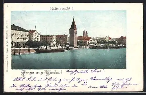 AK Lindau / Bodensee, Hafenansicht mit Schiffen und Wehrturm