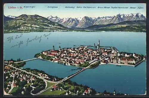 AK Lindau / Bodensee, Gesamtansicht mit Bodensee und Alpen, Hohe Kugel, Drei Schwestern, Säntis