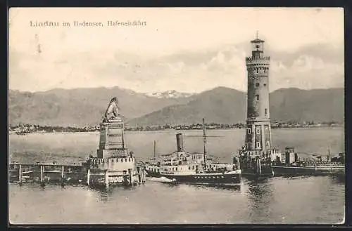 AK Lindau im Bodensee, Hafeneinfahrt mit Dampfer