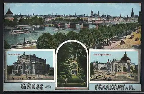 AK Frankfurt a. M., Flusspartie, Opernhaus und Schauspielhaus