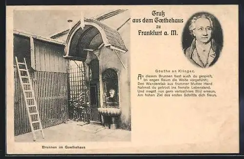 AK Alt-Frankfurt, Brunnen im Goethe-Haus, Portrait & Vers Johann Wolfgang von Goethe