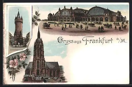 Lithographie Frankfurt /Main, Hauptbahnhof und Eschenheimer Turm