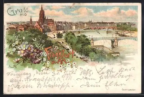 Lithographie Frankfurt /Main, Mainbrücken mit Ortsansicht