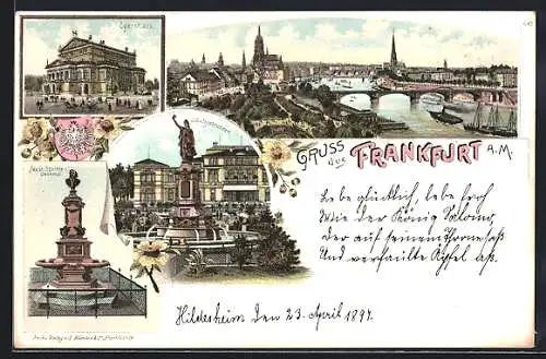 Lithographie Frankfurt, Gesamtansicht, Opernhaus, Schützenbrunnen