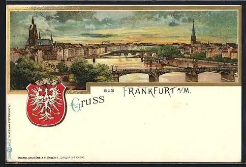 Lithographie Frankfurt, Mainblick mit Brücken, Wappen