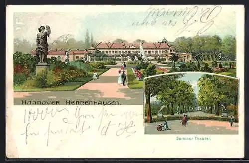 Lithographie Hannover-Herrenhausen, Schloss mit Anlagen, Sommer-Theater