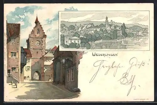 Künstler-AK K. Mutter: Überlingen / Bodensee, Gesamtansicht des Ortes, Partie im Ort
