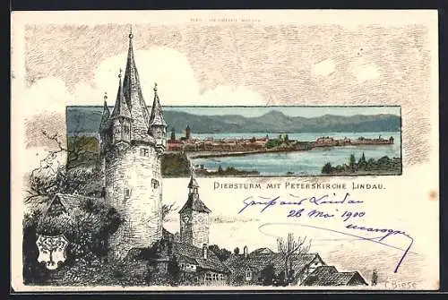 Künstler-AK C.Biese: Lindau, Diebsturm mit Peterskirche, Totalansicht mit dem Bodensee