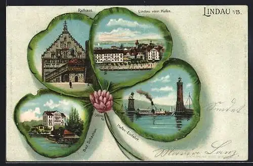 Passepartout-Lithographie Lindau i. B., Ortsansicht vom Hafen, Hafen-Einfahrt, Bad Schachen im Kleeblatt