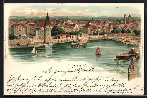 Lithographie Lindau i. B., Ortspanorama mit Bootsanlegestelle