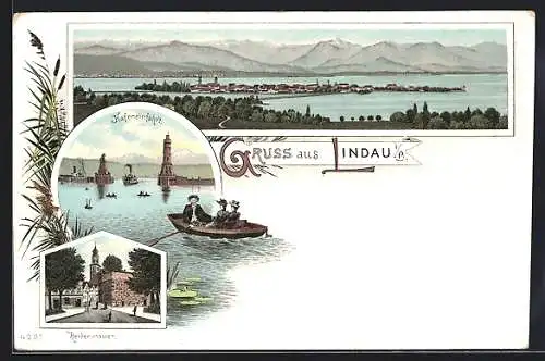 Lithographie Lindau / Bodensee, Gesamtansicht, Heidenmauer, Hafen