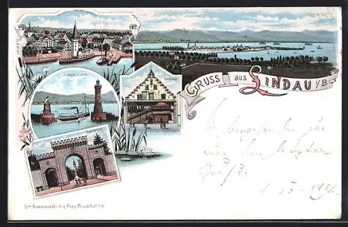 Lithographie Lindau i. B., Dampfer in Hafeneinfahrt und Blick auf Rathaus