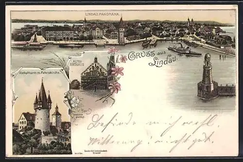 Lithographie Lindau / Bodensee, Altes Rathaus, Diebsthurm mit Peterskirche