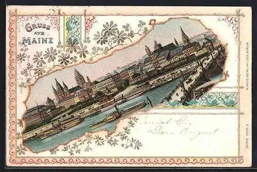 Lithographie Mainz, Teilansicht mit Dampfern