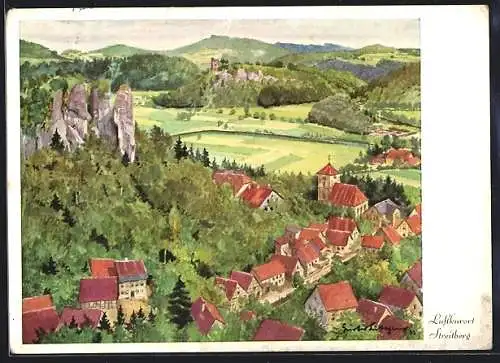 Künstler-AK Streitberg / Fränk. Schweiz, Gesamtansicht mit Blick in die fränkische Schweiz