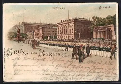 Lithographie Berlin, Militärparade bei der Universität und Neuen Wache