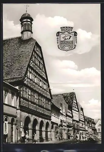 AK Ebern, Rathaus mit Marktplatz, Wappen