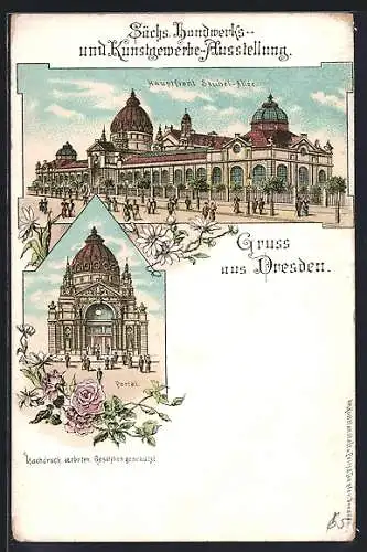 Lithographie Dresden, Sächs. Handwerks- und Kunstgewerbe-Ausstellung, Portal, Hauptfront Sübel-Allee